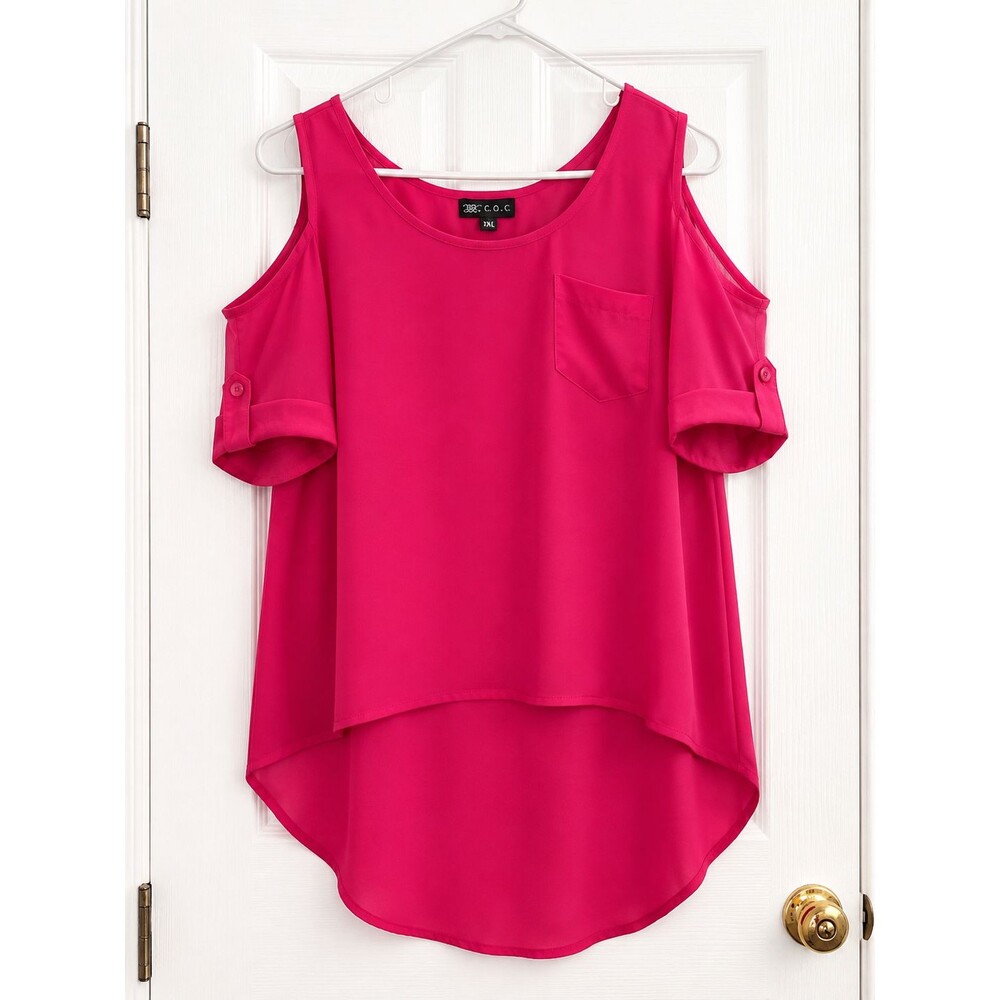C.O.C. Women's 1XL Hot Pink Cold Shoulder Blouse Pocket Hi Low Hem Sheer Overlay
